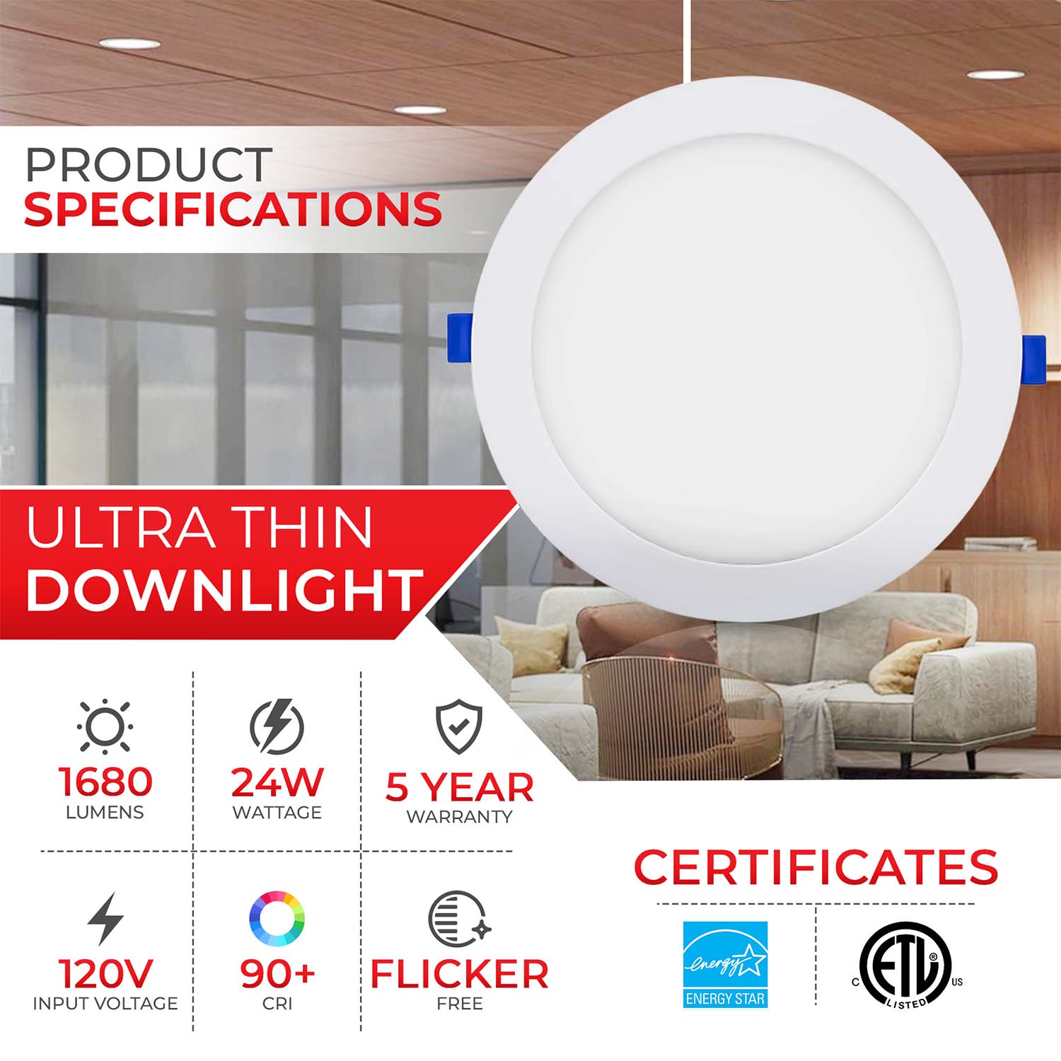 12 inch 24W LED Can Killer Ultra Thin Downlight - 1920 Lumens - 3CCT - ETL, ES Approved