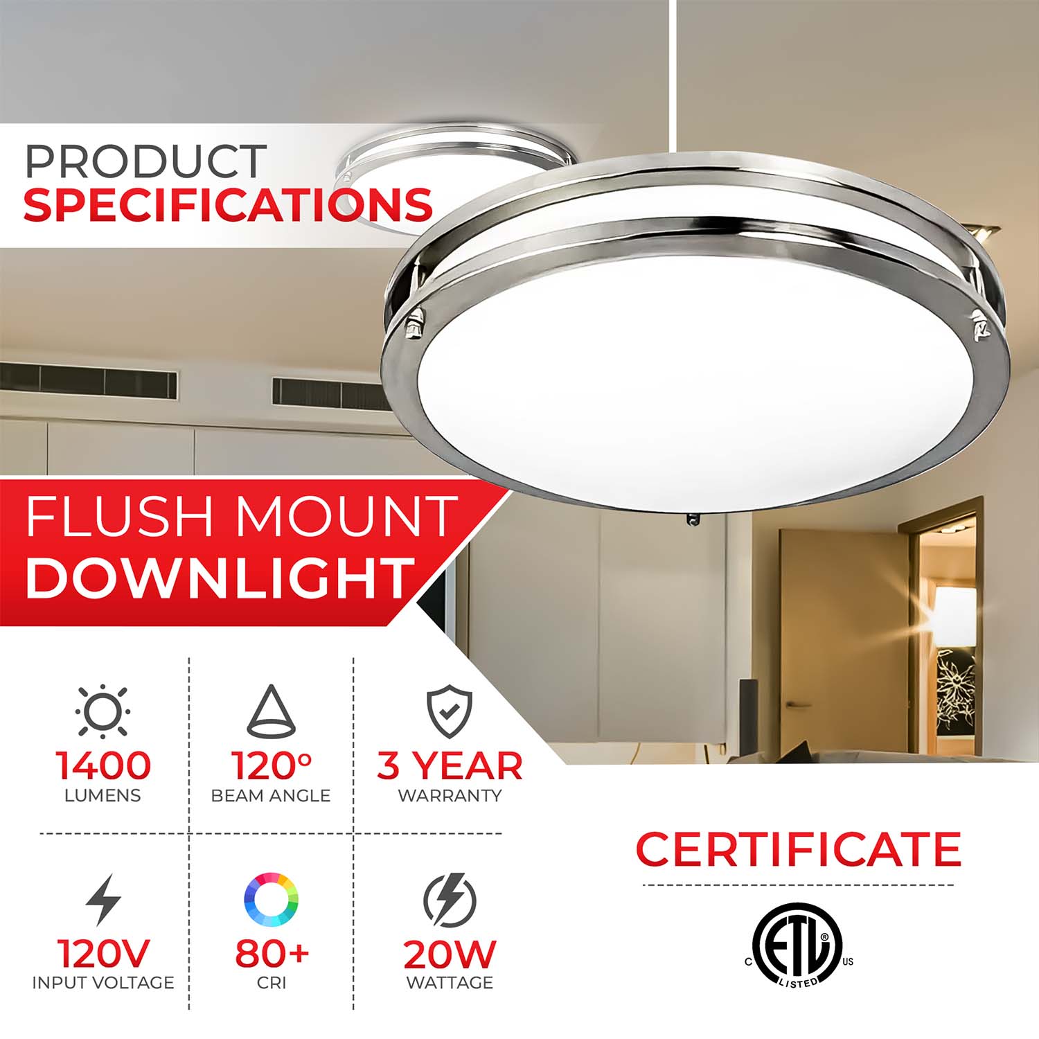 14" 20W Flush Mount Brushed Nickel Ceiling Light - 1400 lumens - 3CCT - ETL