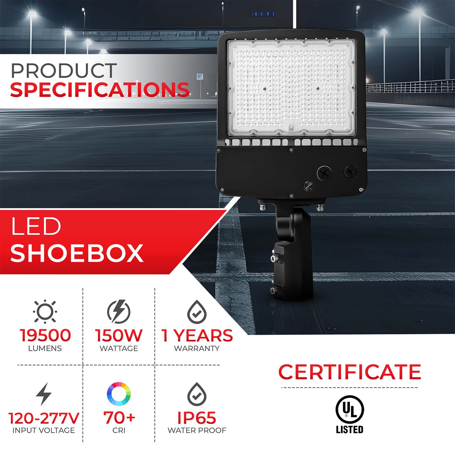 150W LED Shoebox Area Light AC 120V-277V CCT 5700K | SBC11-150W-120V-57K