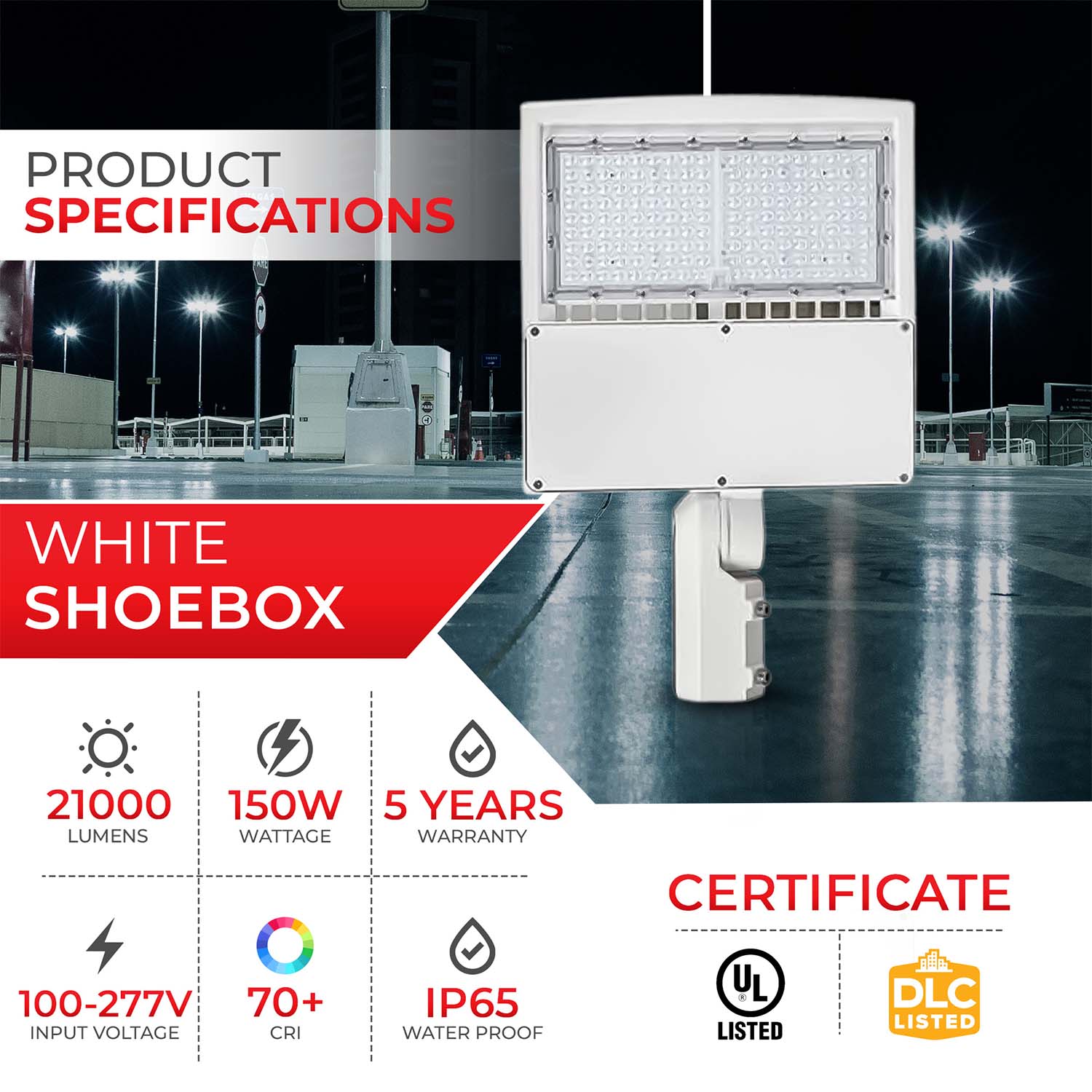 150W White Shoebox Area Light for Parking Lot Slip Fitter - 5700K UL DLC Listed