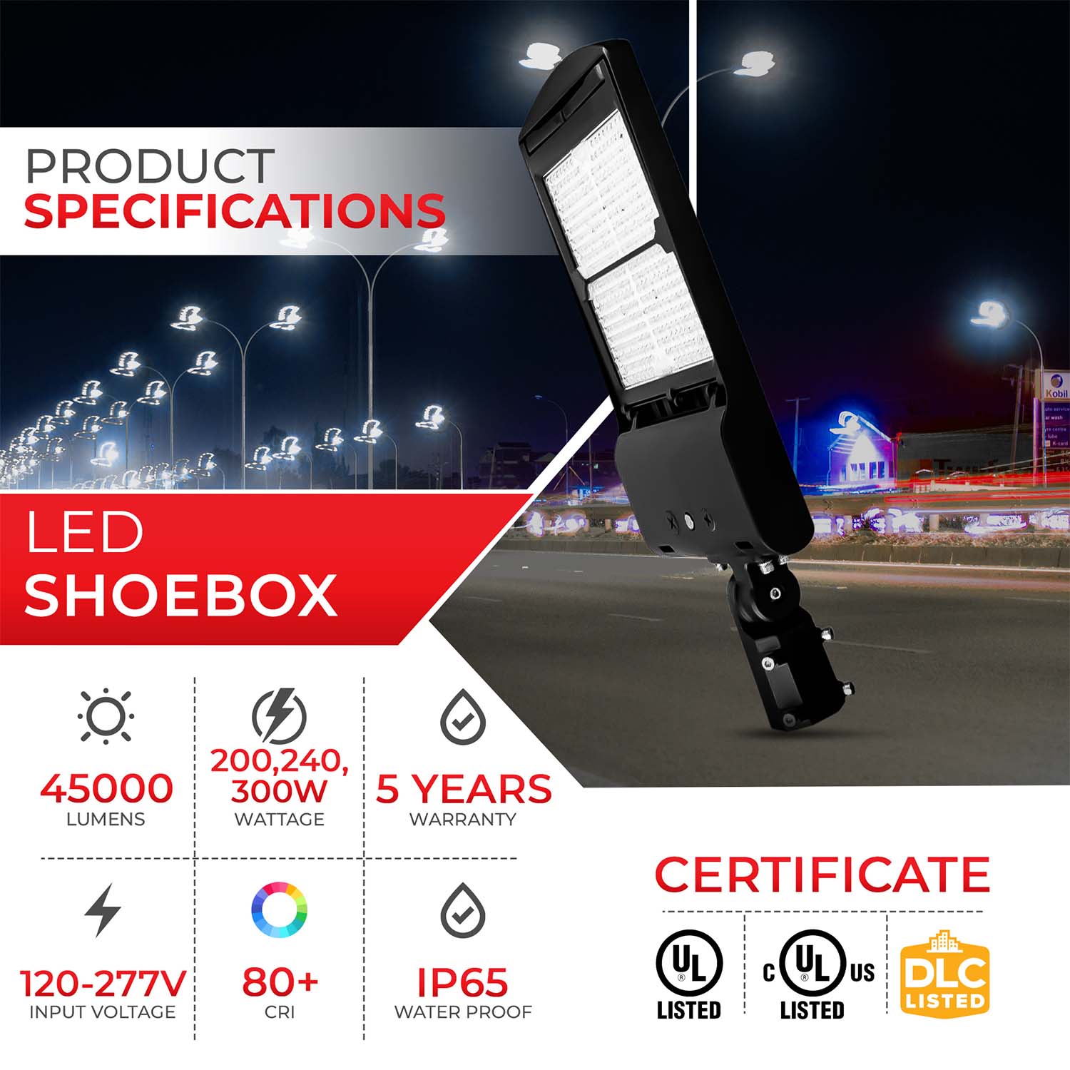 200W/240W/300W LED Shoebox Area Light 3CCT Selectable 45000 Lumens | SBC12-300/240/200W-XXK