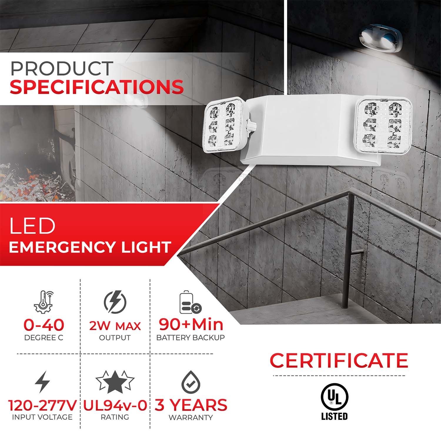LED Emergency Light - Dual Square Heads - 90+ Minutes Backup - UL Listed