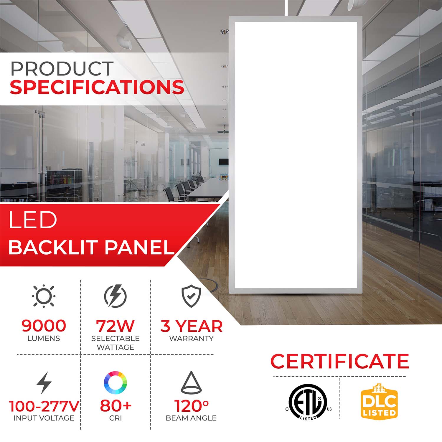 2x4 LED Backlit Panel CCT Light - Emergency Battery Backup, 3CCT - 6 Pack
