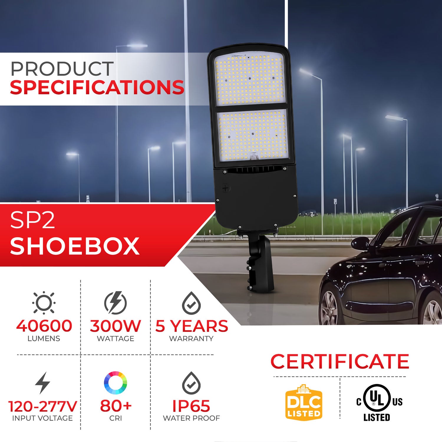 300W SP2 Shoebox Area Light for Parking Lot - 5700K UL DLC Listed