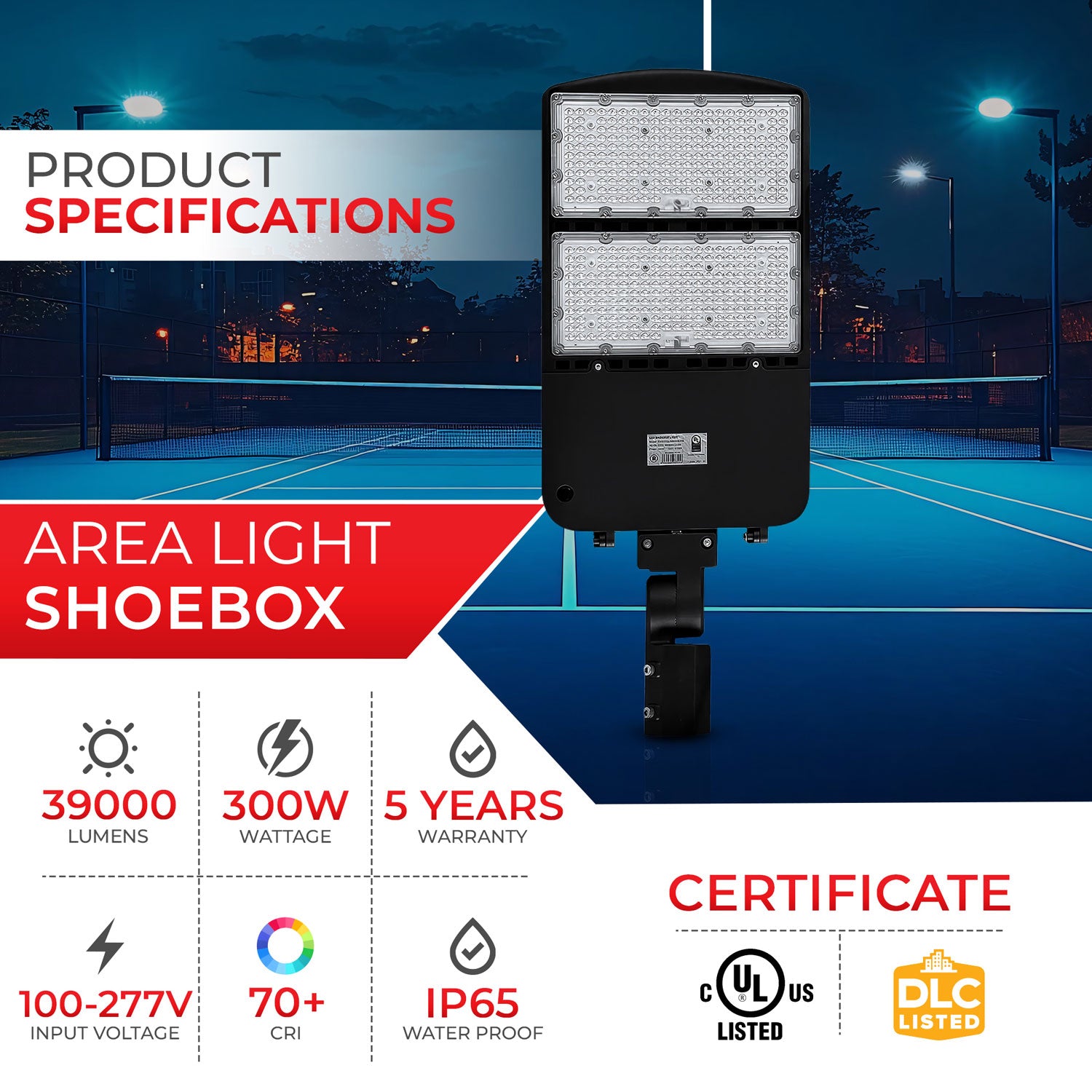300W Shoebox Area Light for Parking Lot - 5700K UL DLC Listed
