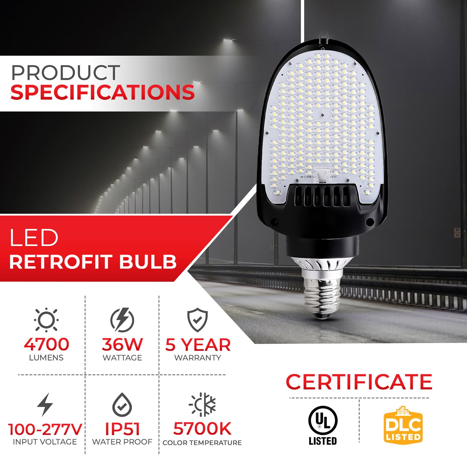 36W Retrofit Bulb - Single Sided - E26 Medium Base - 5700K - UL/DLC Approved