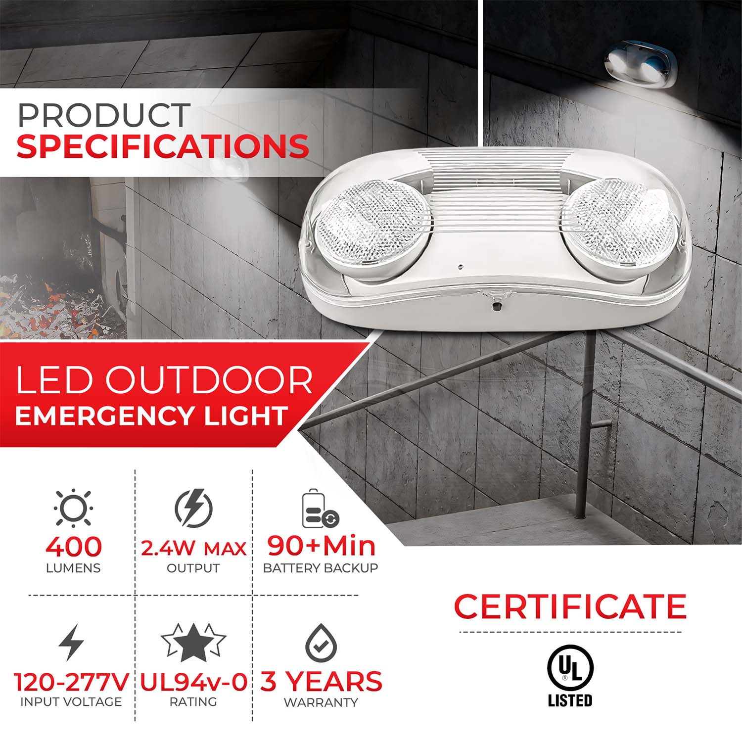 LED Outdoor Emergency Light - Dual Round Heads - 90+ Minutes Backup - IP65 Rated