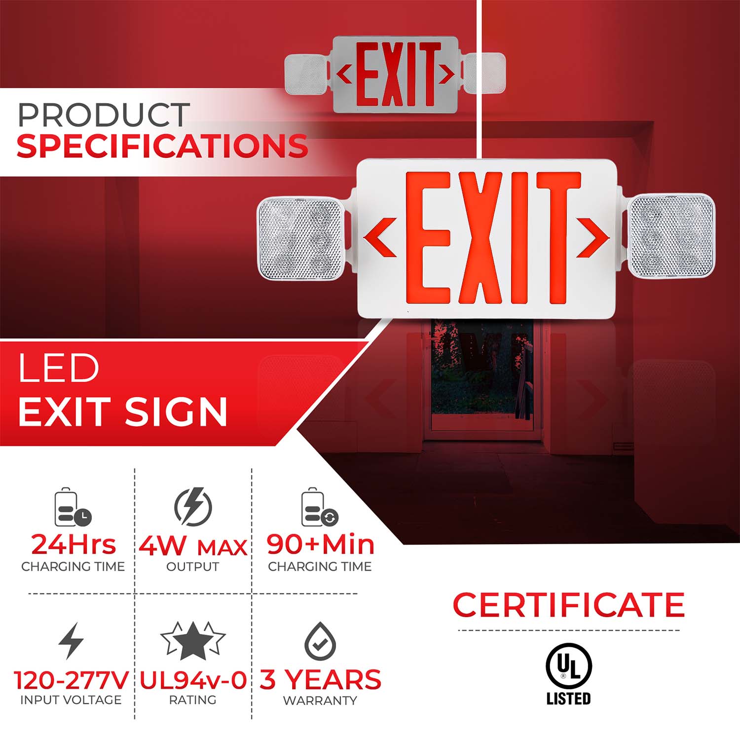 LED Emergency Exit Combo - Red Letters - Universal Mount - 90+ Minutes Backup - UL Listed