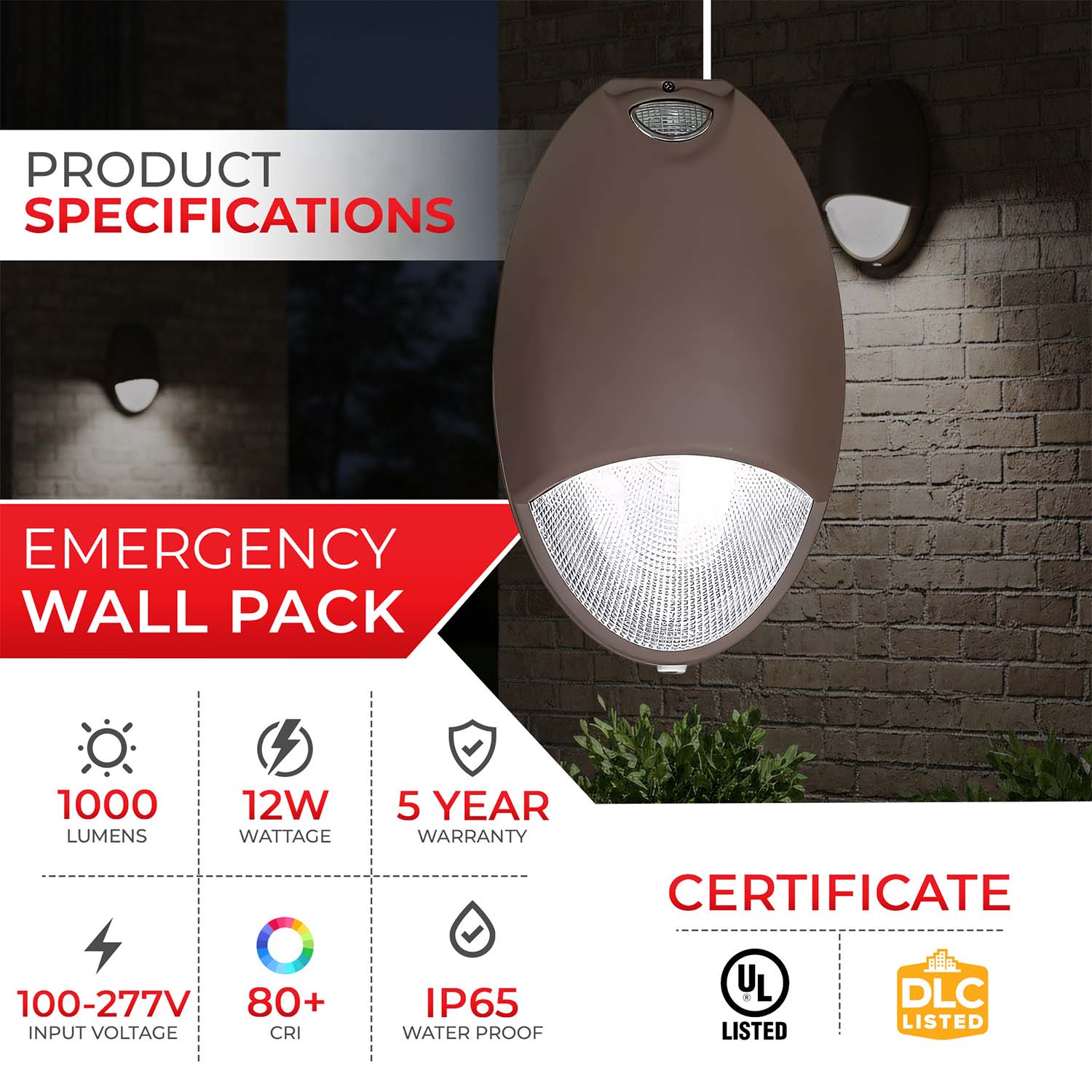 12W Wall Mounted Emergency Wall Pack Light - 4.5W on Battery - 90 Minutes Runtime - 5000K