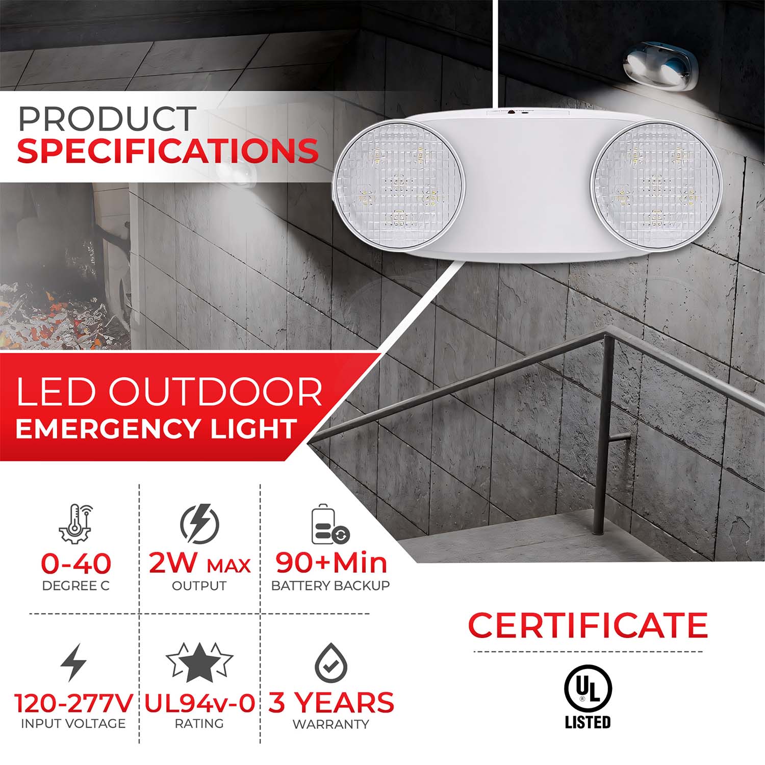 LED Emergency Light - Dual Round Heads - 90+ Minutes Backup - UL Listed