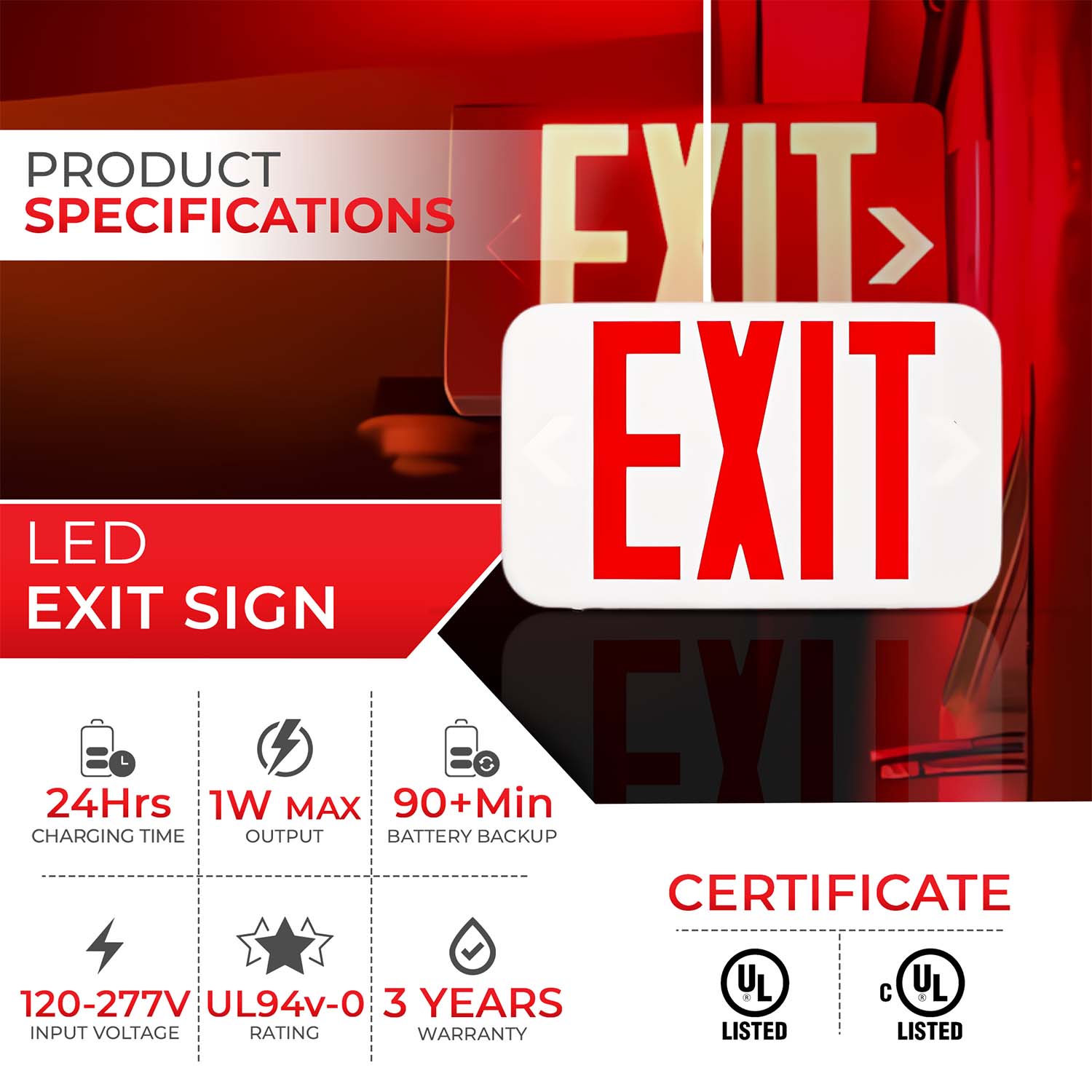 LED Exit Sign - Red Letters - Universal Mount - 90+ Minutes Backup - Double Sided - UL Listed