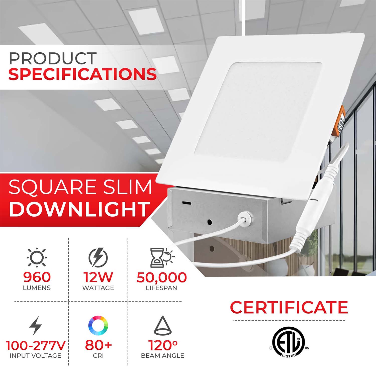 4" 12W LED Square Slim Panel 100-277V, 960 Lumens, 5CCT Selectable, Triac & 0-10V Dimmable, ETL Certified