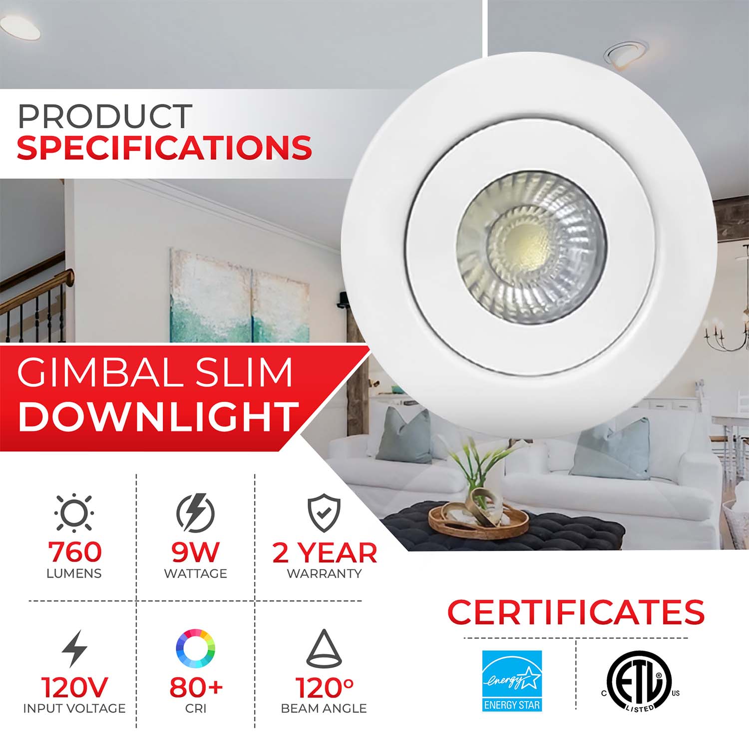4 inch 5CCT Canless Gimbal Slim Downlight 9W 900 lumens