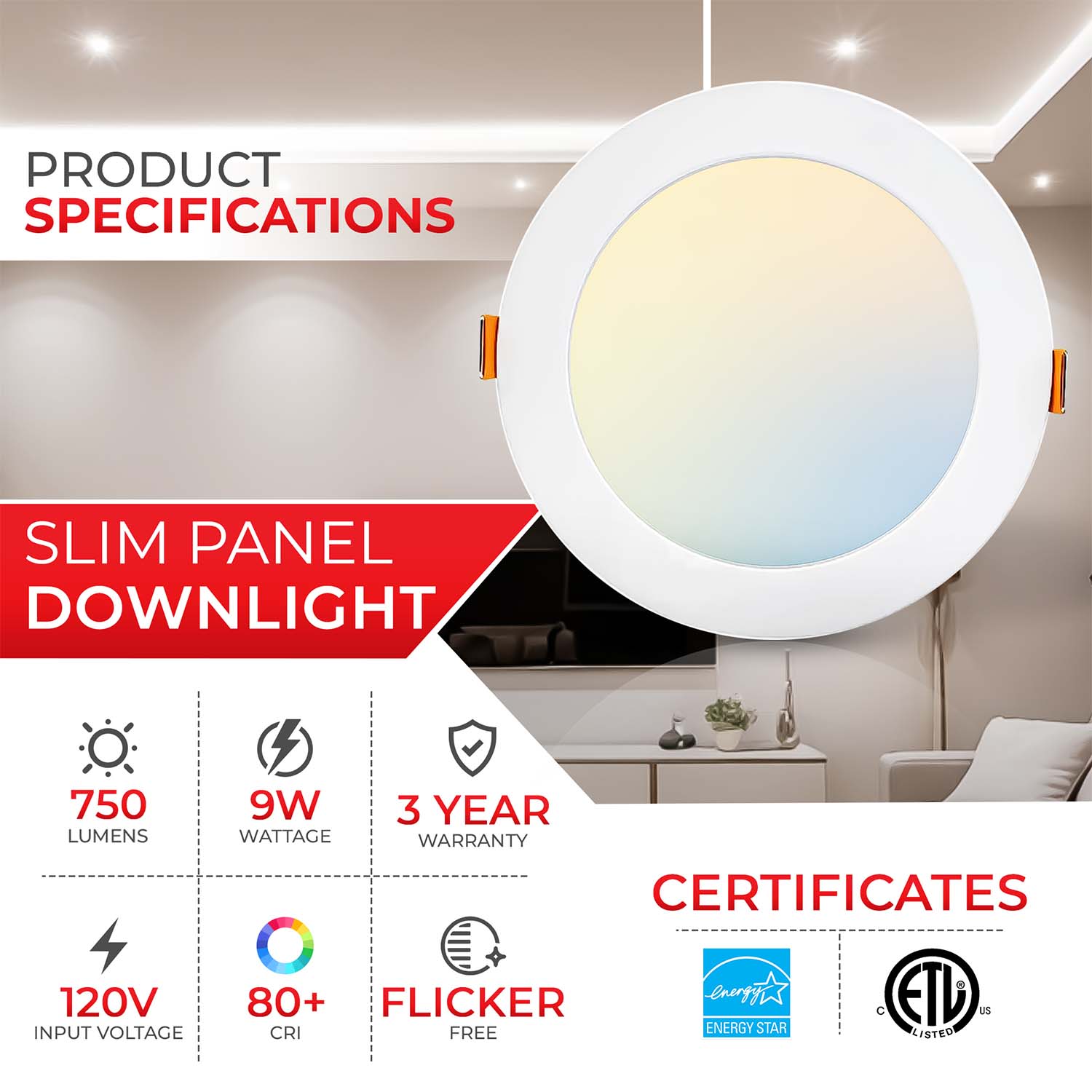 4 inch LED Slim Panel Downlight 5 CCT Selectable | 2ND4-S3-9W-5CCT