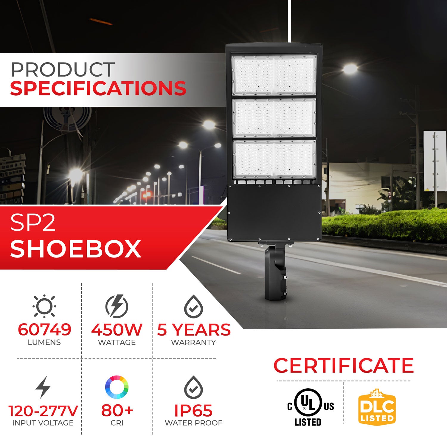 450W SP2 Shoebox Area Light for Parking Lot - 5700K UL DLC Listed