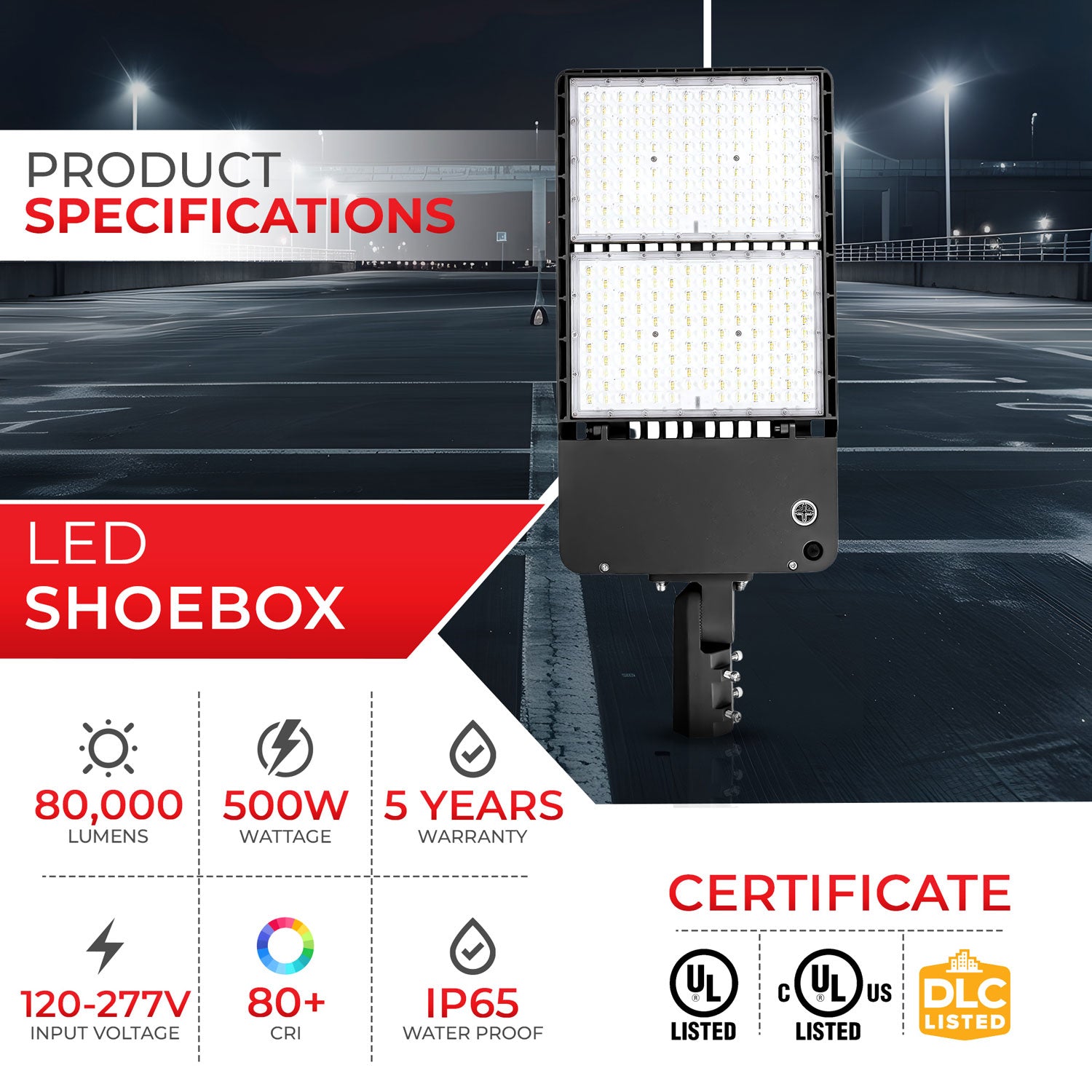 500W AR09 Wattage Selectable LED Shoebox Light | 80,000 Lumens, 3CCT Selectable (3000K/4000K/5000K), UL/DLC Certified