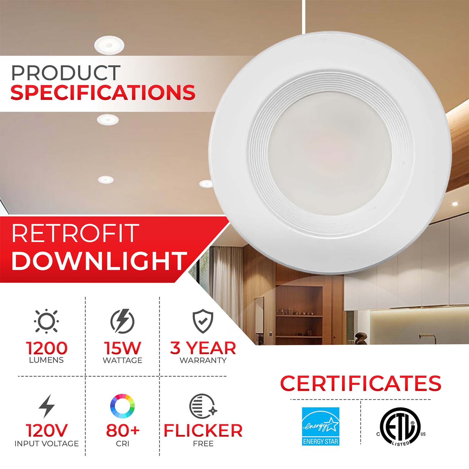 6" Retrofit Recessed Downlight - 15W - 1200 Lumens