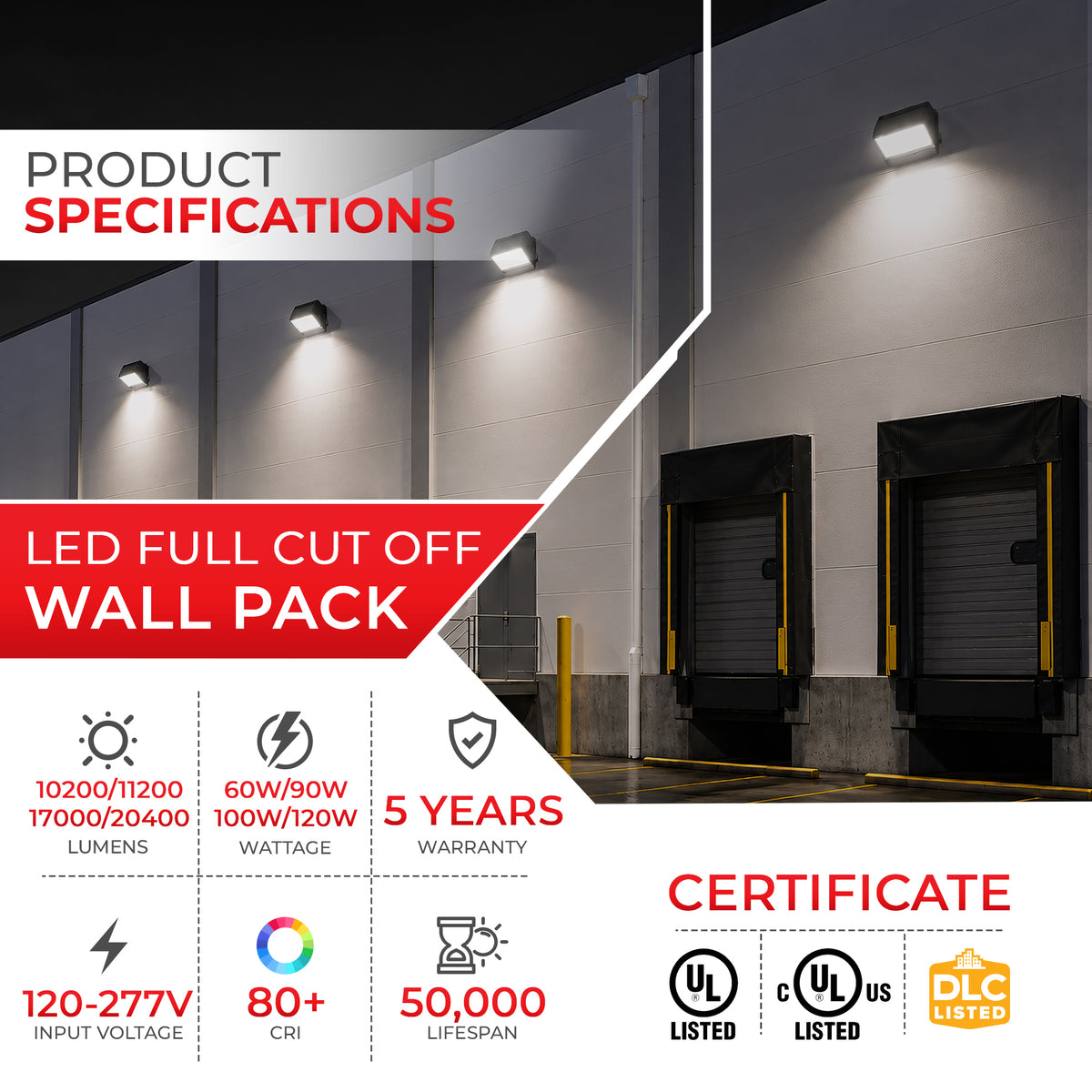 60/90/100/120W Wattage Selectable LED Full Cut Off Wall Pack Light- CCT 3000K/4000K/5000K Selectable | 3FWP-60/90/100/120W-XXK-U