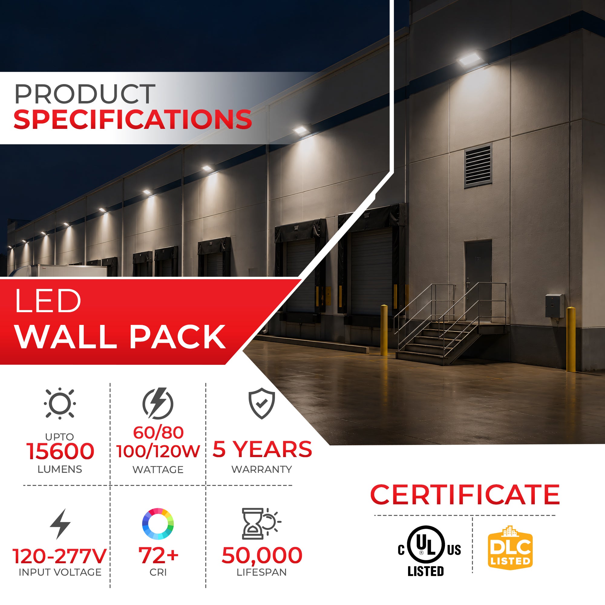 60/80/100/120W LED Wall Pack — Wattage & 3CCT Tunable, Built-In Photocell, 130 lm/W, DLC Premium, ETL Listed | WP60/80/100/120W-XXK