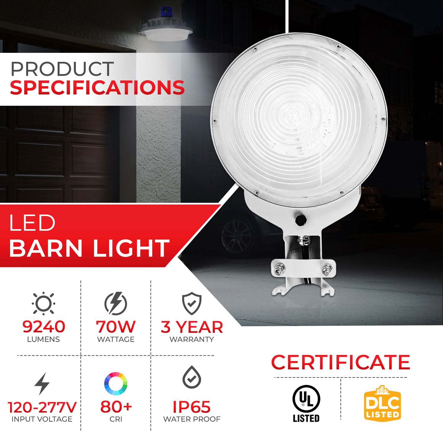 70W LED Barn Light - CCT Selectable 5000K - IP65 | AC 120-277V | TS-BL02-70K-50W