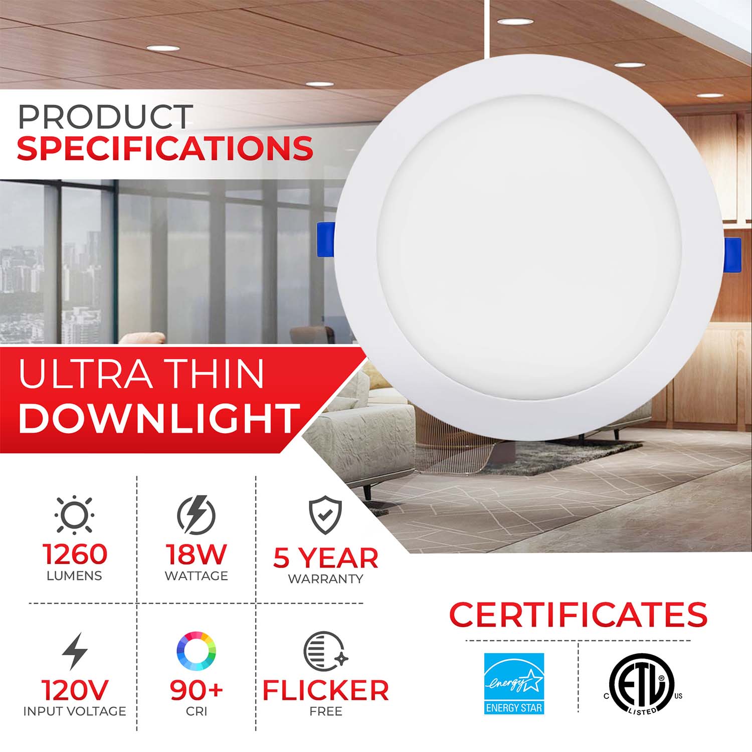 8 inch 18W LED Can Killer Ultra Thin Downlight - 1260 Lumens - 5CCT - ETL, ES Approved