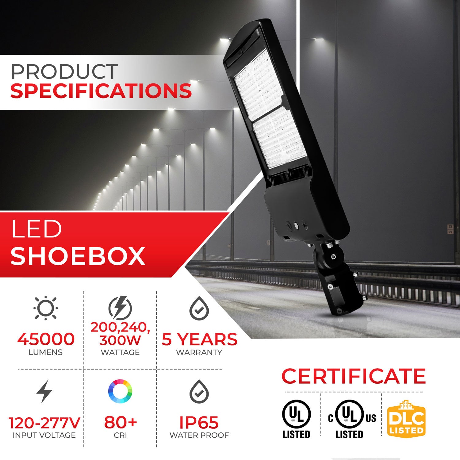 80W/100W/150W LED Shoebox Area Light 3CCT Selectable AC 100-277V | SBC12-150/100/80W-XXK