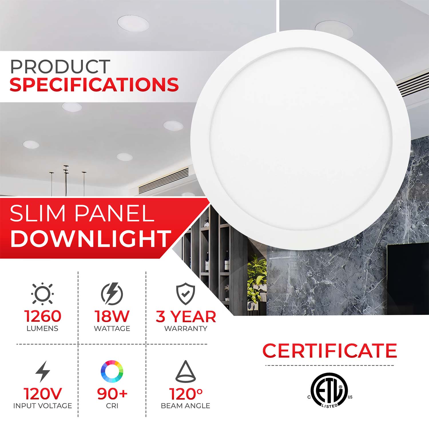 9 inch 18W LED Slim Panel Downlight - 1260 Lumens - 5700K - ETL Approved