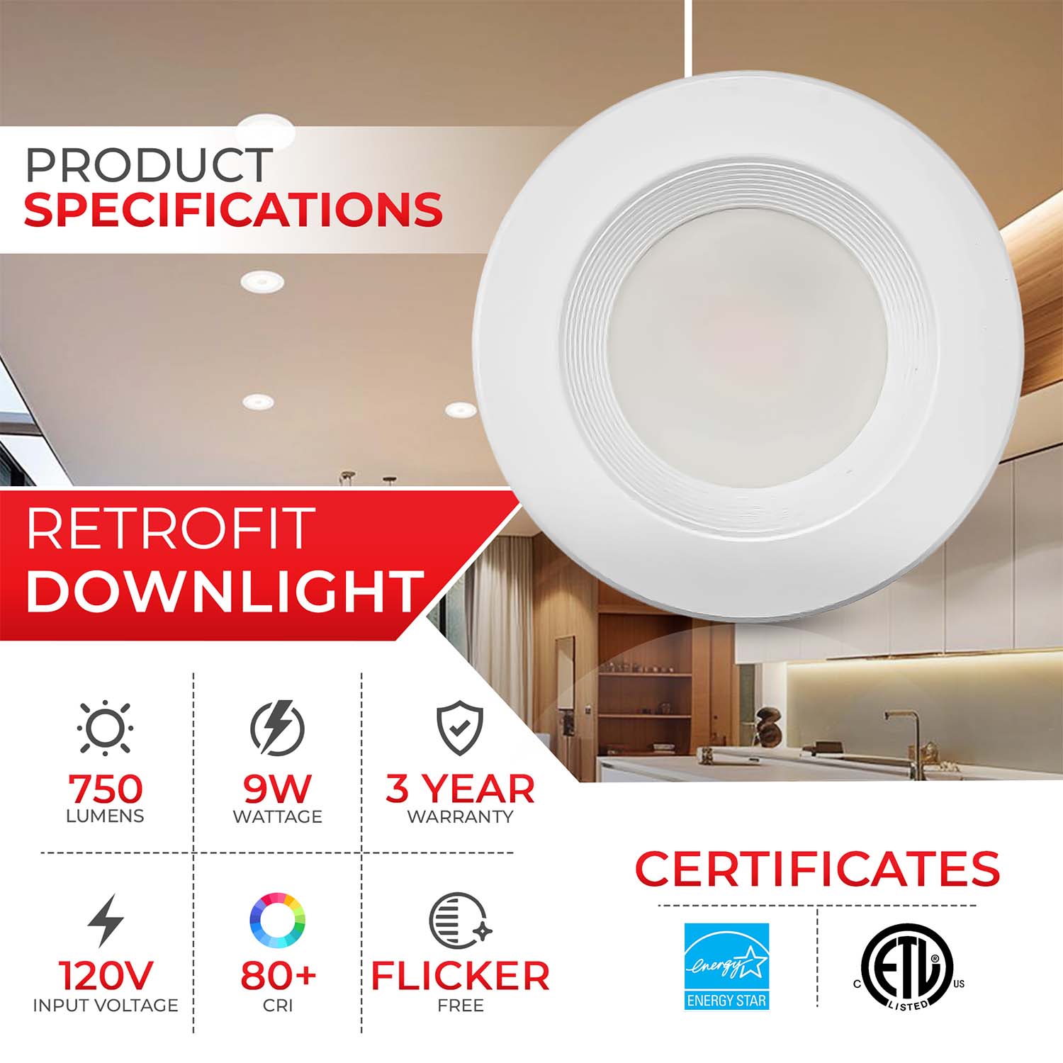4" Retrofit Recessed Downlight - 9W - 750 Lumens - 5CCT