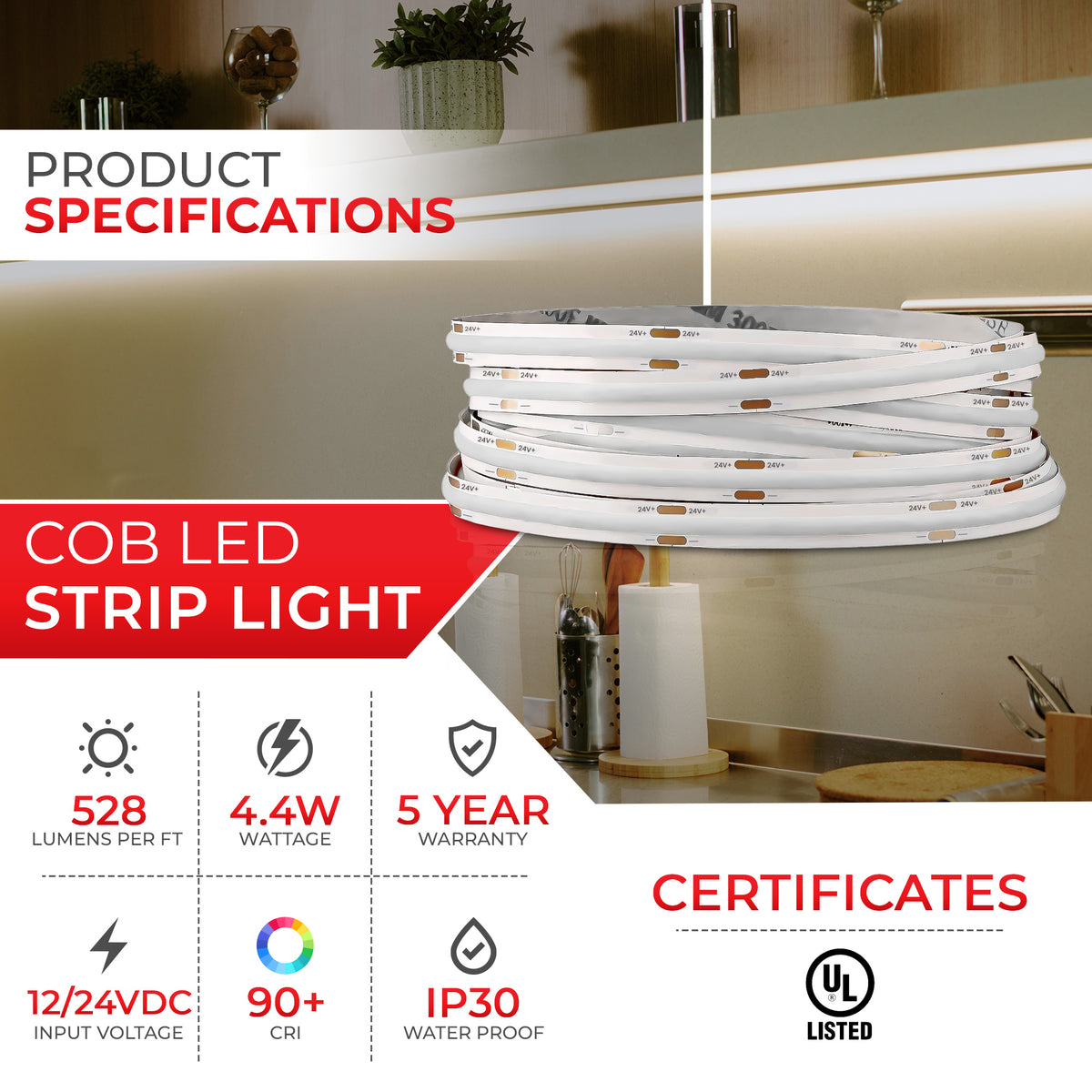 CL-Series Monochrome 24V DotFree COB LED Strip Light IP20 - UL Listed