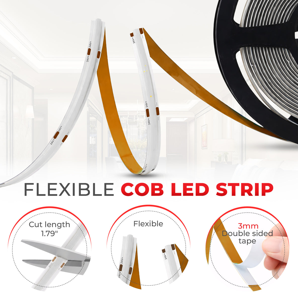 CL-Series Monochrome 24V DotFree COB LED Strip Light IP20 - UL Listed