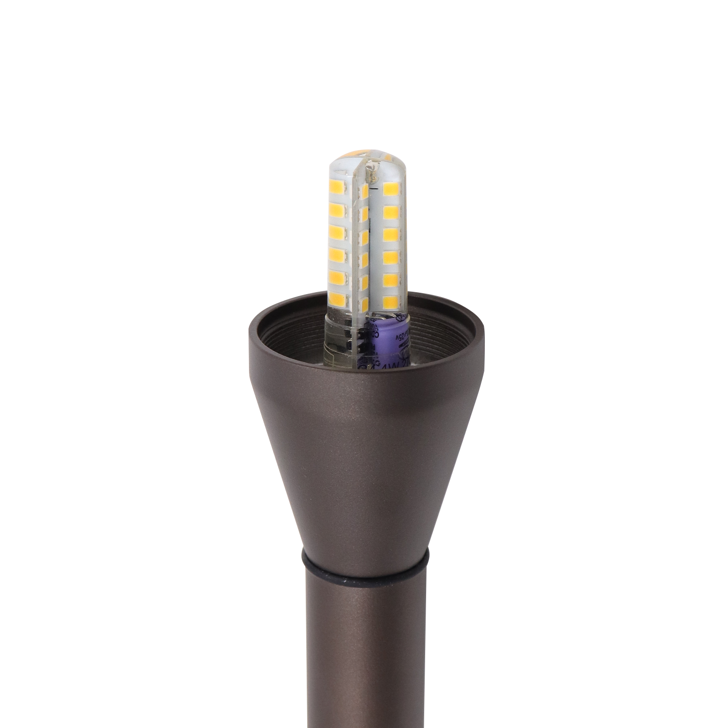 LED light bulb in a brown holder on a white background