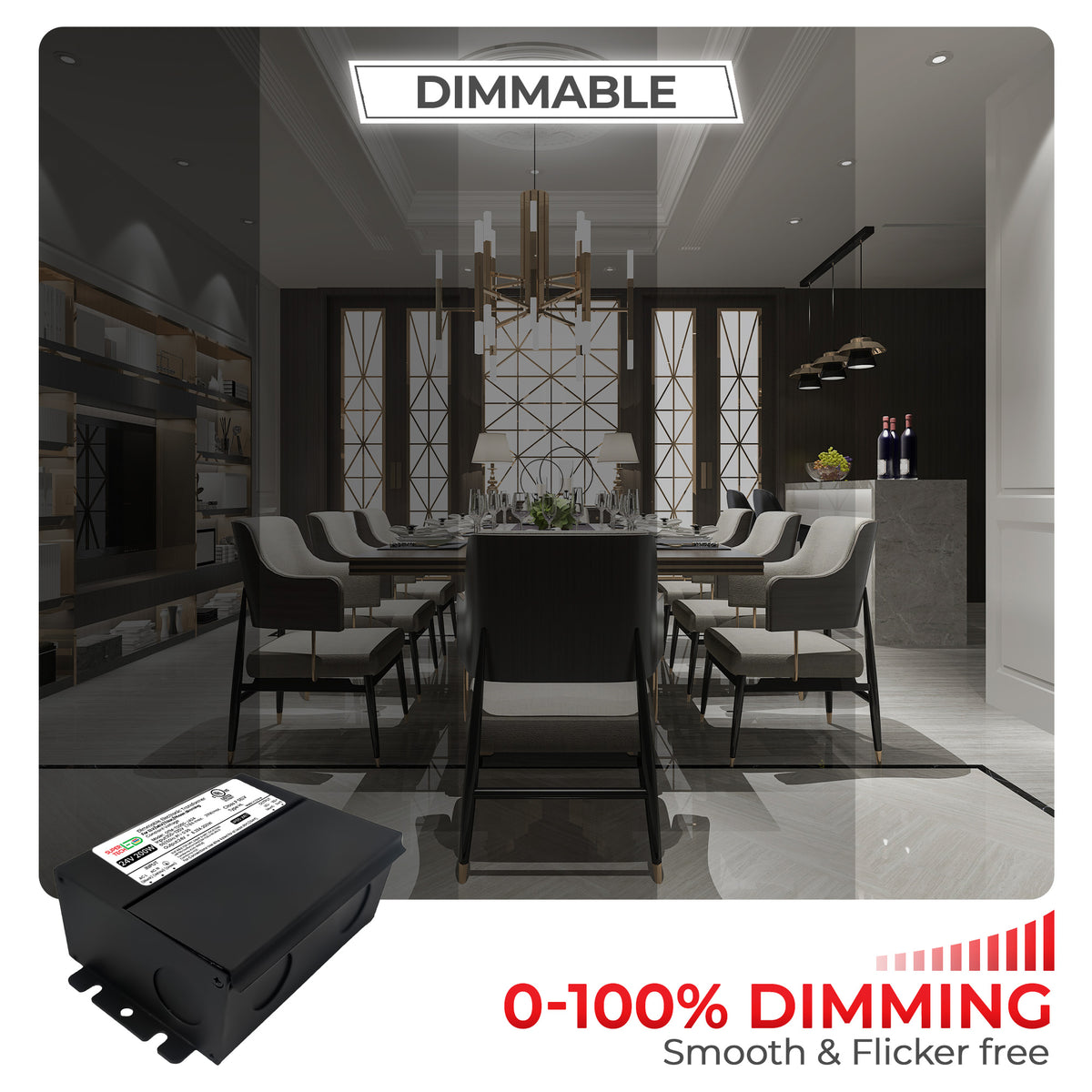 200W 24V Dimmable Electronic Transformer Commercial Grade Triac/ELV/MLV – UL Listed | 120V AC