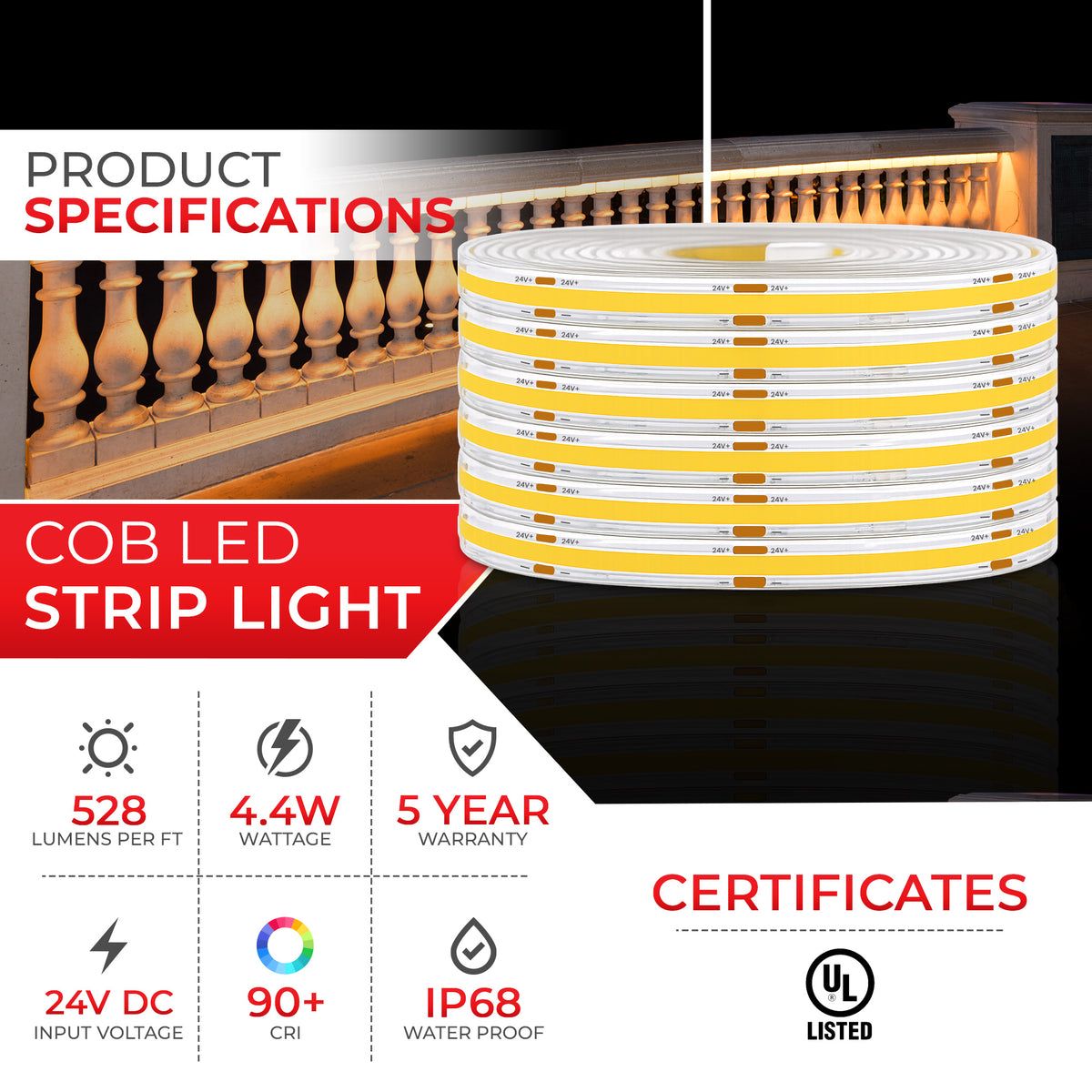 W-Series Static White Waterproof DotFree COB LED Strip Light IP68 - UL Listed