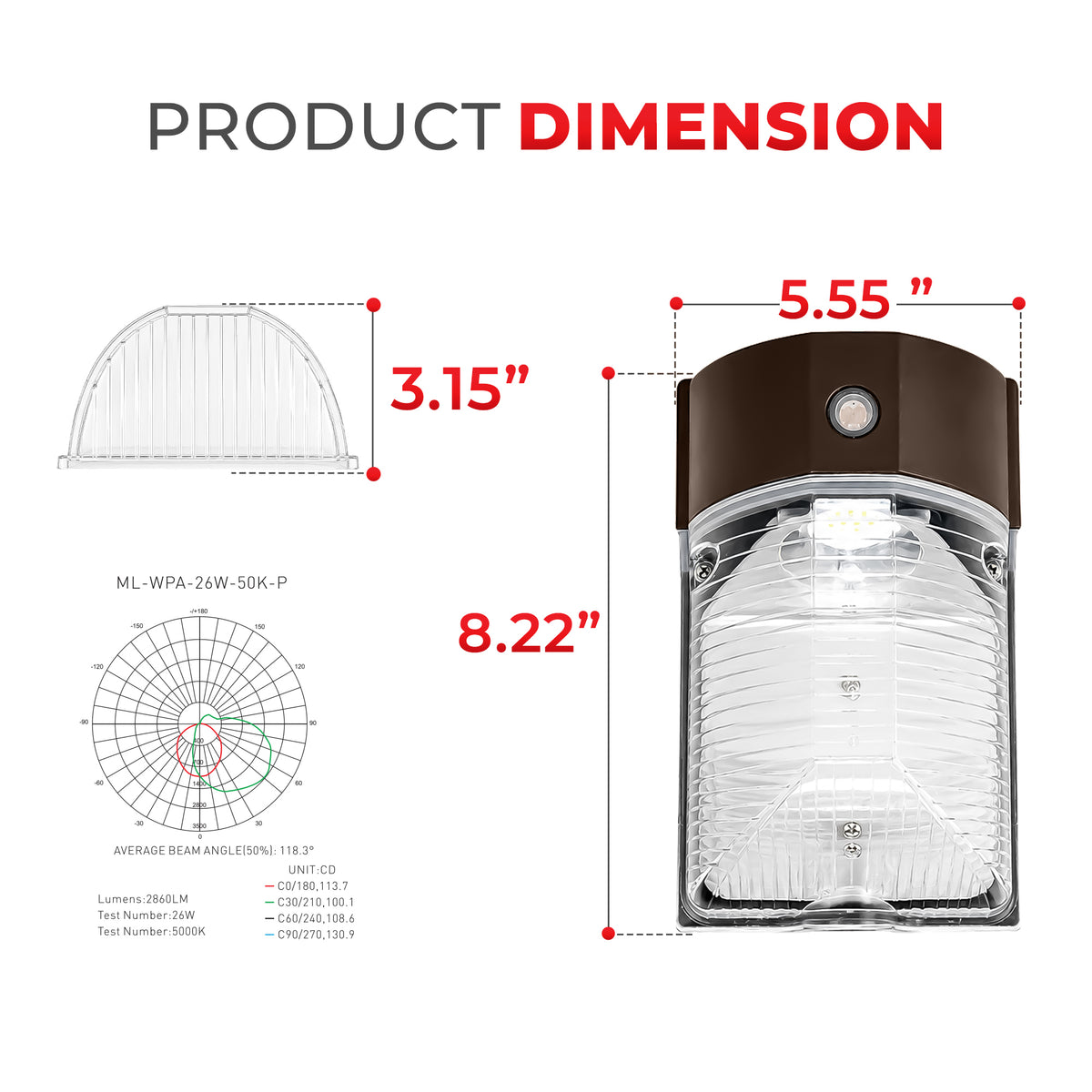 26W Mini Wall Pack Light with Built-In Photocell CCT 5000K | WP-26W-120V-50K-P