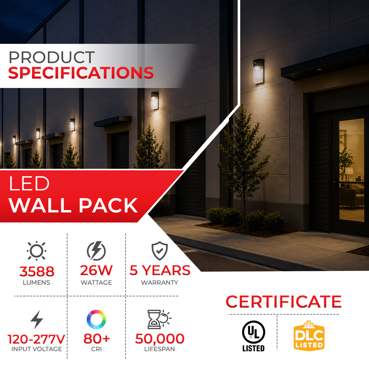 26W Mini Wall Pack Light with Built-In Photocell CCT 5000K | WP-26W-120V-50K-P