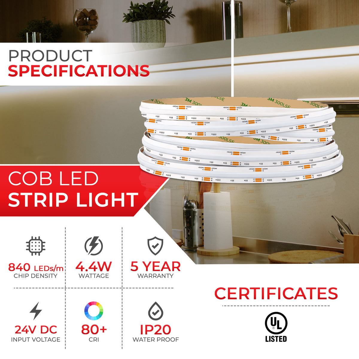 RGB Color Changing 24V DotFree COB LED Strip Light - IP20 - UL Listed