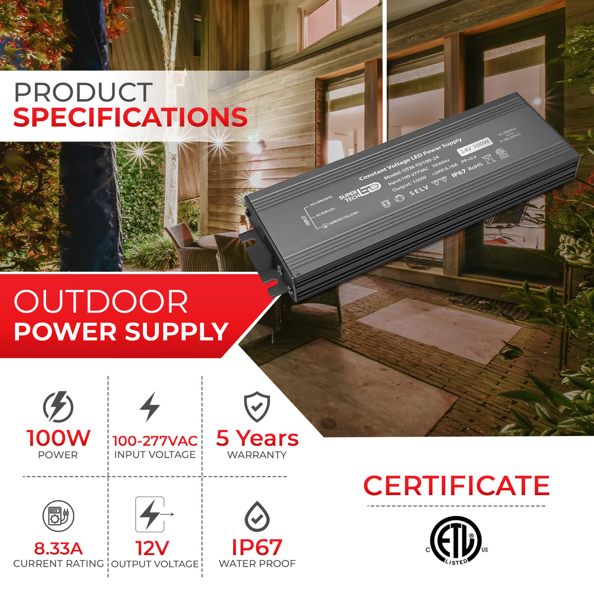 100W Waterproof LED Outdoor Power Supply | 12V/24V Ultra-Thin, IP67, Flicker-Free, 100-277VAC, ETL Certified