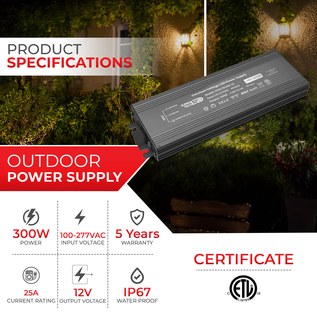 300W LED Driver | 12V/24V, Ultra-Thin, Waterproof IP67, Flicker-Free, 100-277V Input ETL Certified