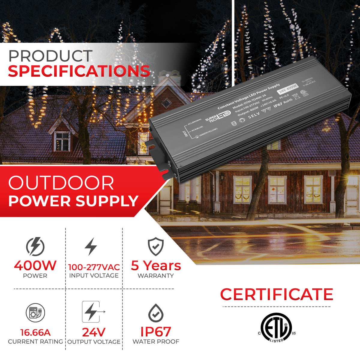 400W Waterproof LED Driver | 12V/24V, Ultra-Thin, IP67, Flicker-Free, 100-277VAC, ETL Certified.