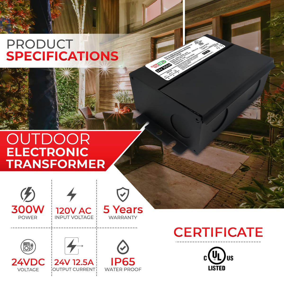 300W 24V Dimmable Electronic Transformer Triac/ELV/MLV 12.5A UL Listed | 120V AC OTM-TD300-JA24