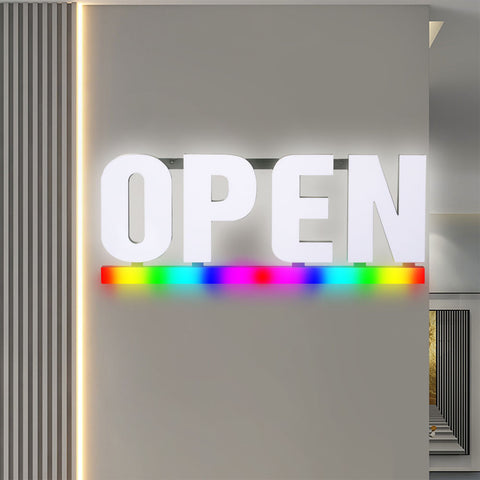 Bright White LED Open Sign with RGB Underline - Frosted Lens, Full-Color Spectrum - 30x12"