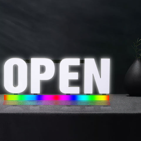 Bright White LED Open Sign with RGB Underline - Frosted Lens, Full-Color Spectrum - 30x12"