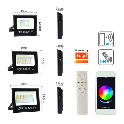 LED 30W/50W/100W RGBCW Flood Light – RGB+CCT – IP66 Outdoor Rated – Tuya App Compatible with RF Remote