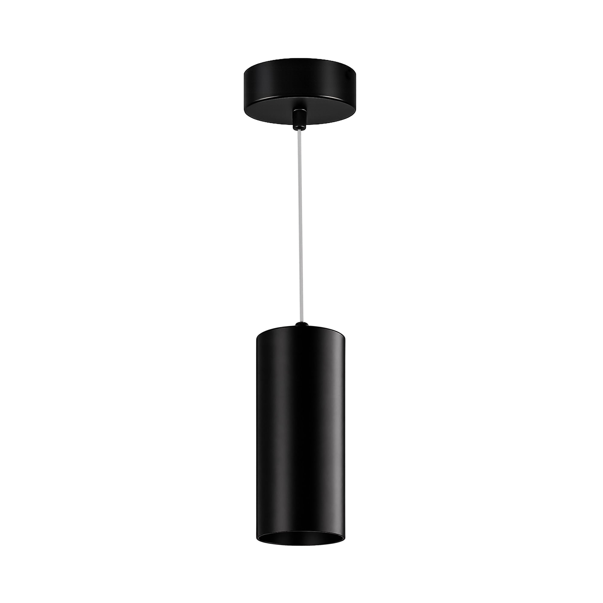 A modern black pendant light with a cylindrical shade suspended by a slim white cord from a matching circular ceiling canopy, shown against a plain white background.
