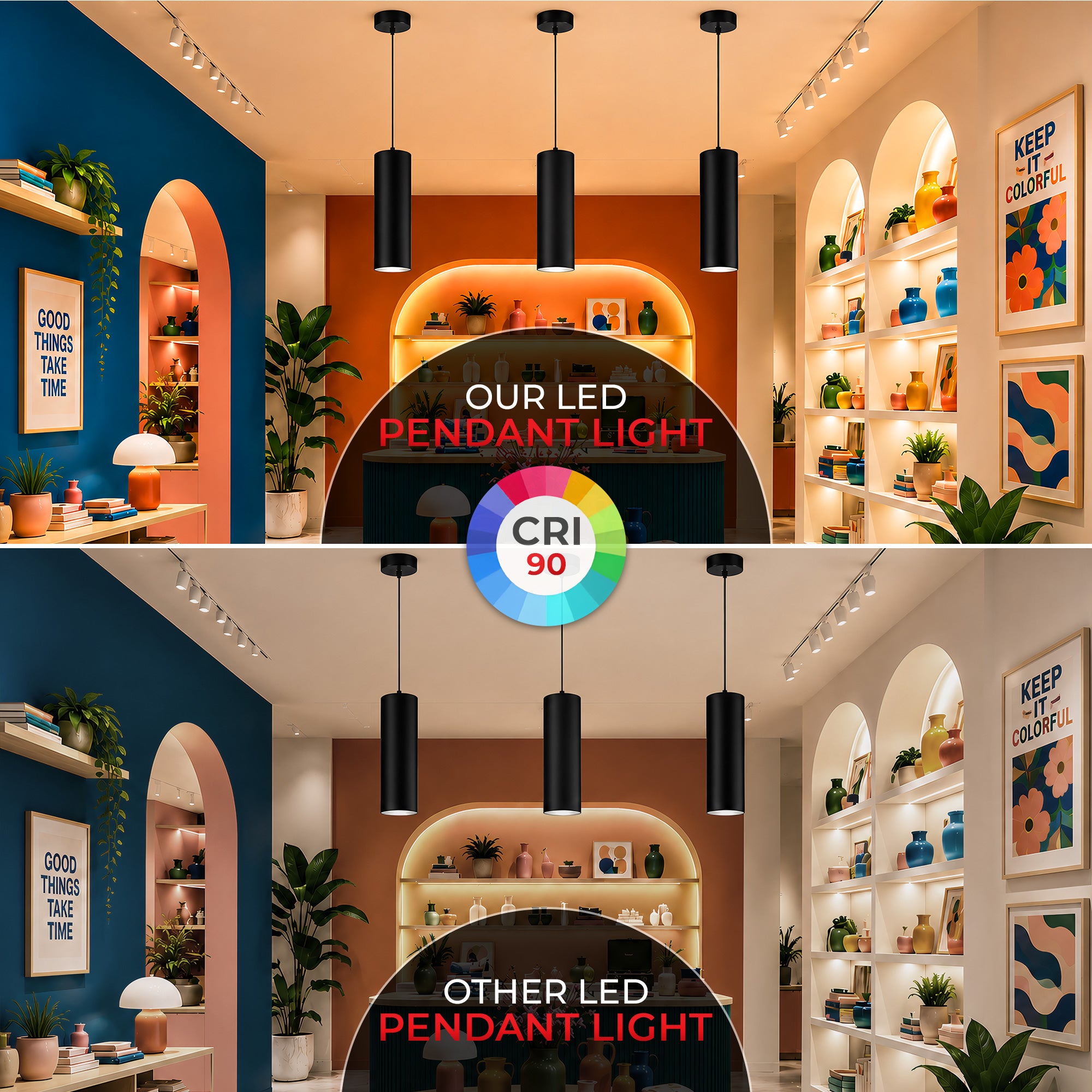 A split comparison showing a retail store interior with black cylindrical pendant lights hanging over a counter. The top half is labeled 'OUR LED PENDANT LIGHT' and shows warm, inviting amber lighting with a CRI 90 color wheel graphic in the center.