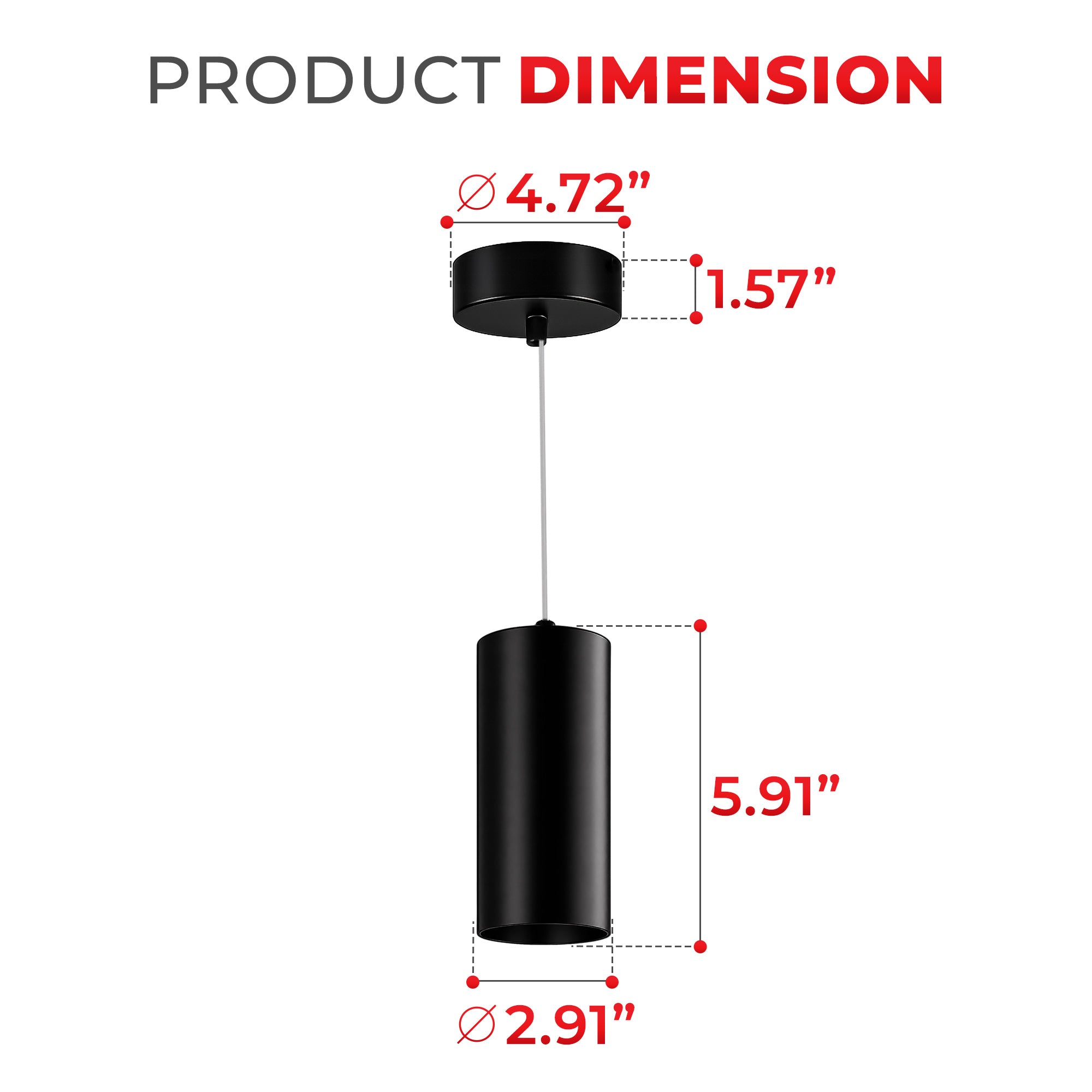 Product dimension diagram of a black cylindrical pendant light with a thin cord, showing the ceiling canopy diameter of 4.72 inches, canopy height of 1.