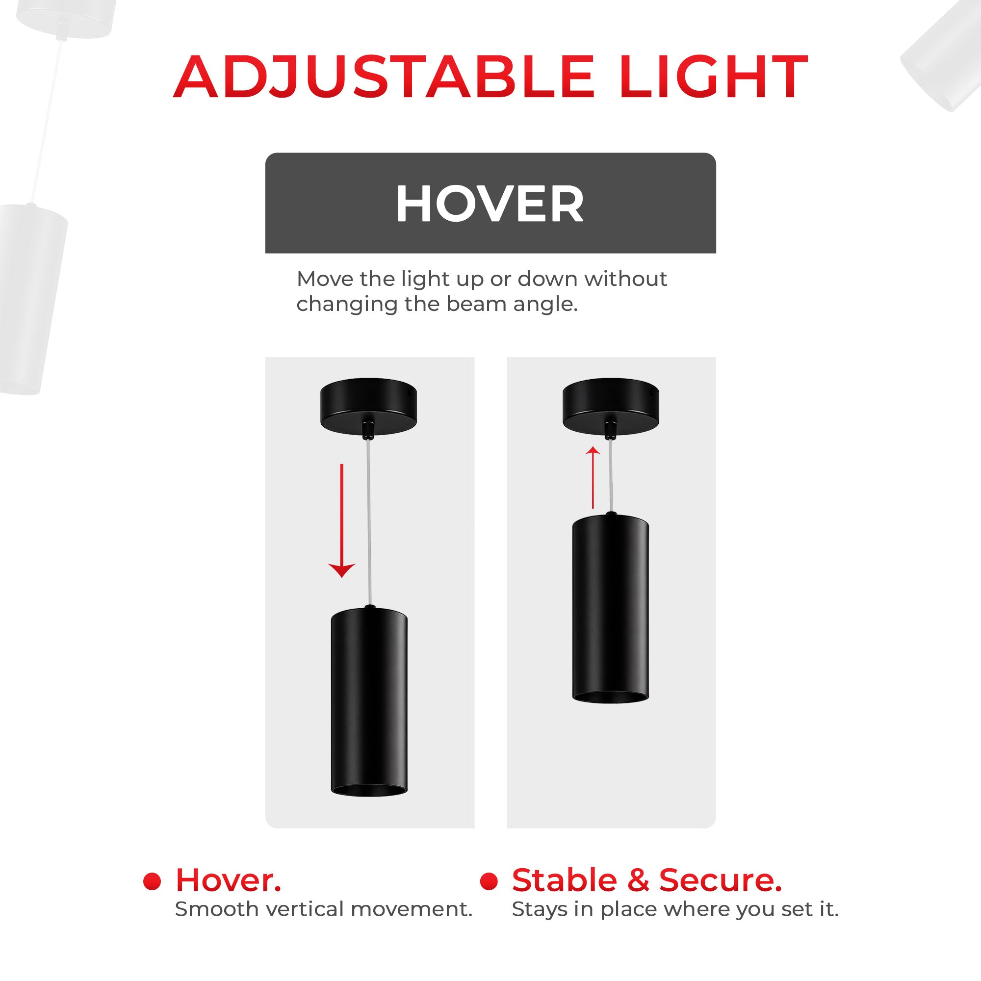 Instruction graphic for a smart pendant light showing how to adjust the light with the word 'HOVER' at the top, two side-by-side diagrams of the black cylindrical light, and red text reading 'ADJUSTABLE LIGHT' and 'Stable & Secure.'.