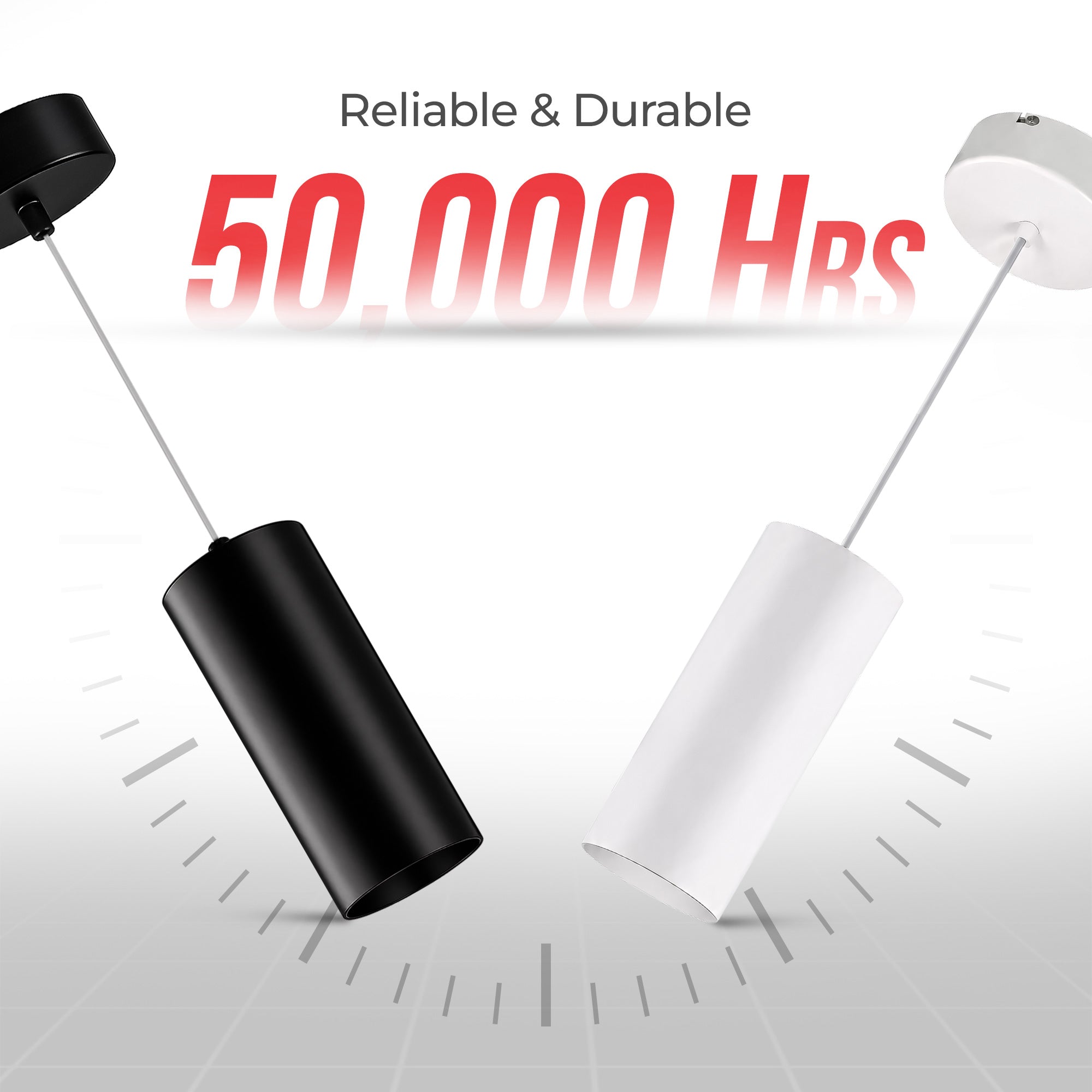 Two modern cylindrical pendant lights shown floating against a light gray background, one in matte black and one in matte white. Large red and black text at the top reads 'Reliable & Durable 50,000 Hrs'.