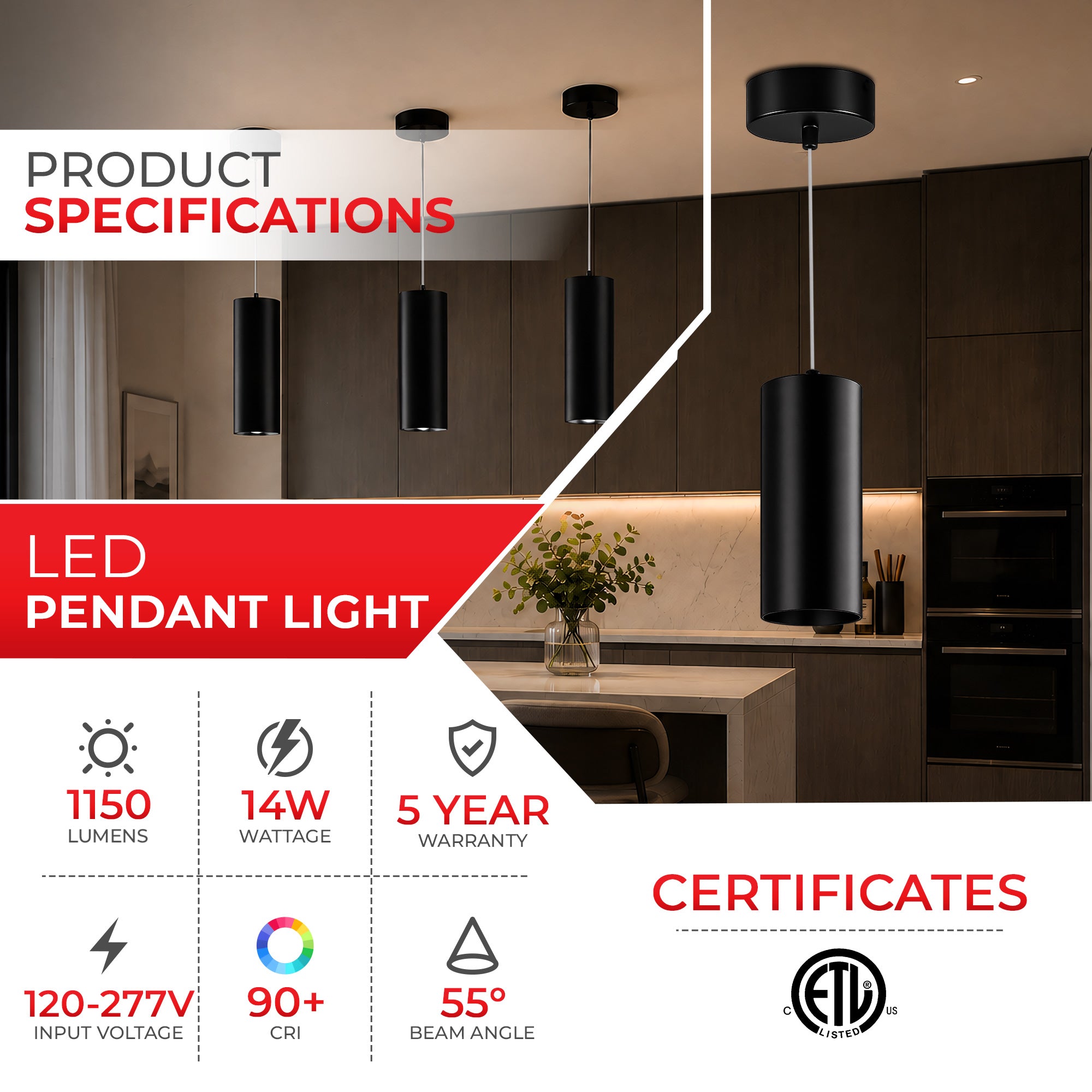 Black cylindrical LED pendant light shown hanging in a modern kitchen interior, with overlaid product specifications and certification badges including ETL.
