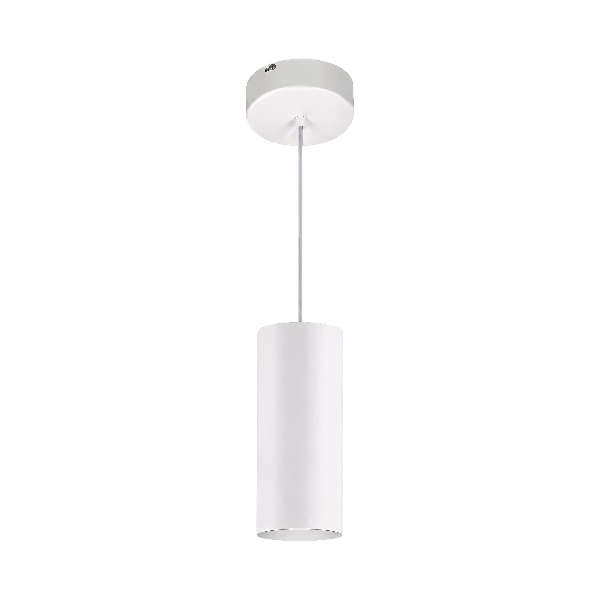 A modern white cylindrical pendant light fixture with a matching white ceiling canopy and a slim vertical cord, shown against a plain white background.